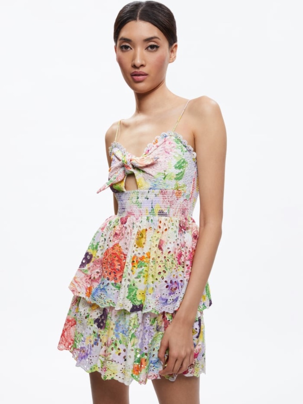 Alice + Olivia Fina Tie Front Smocked Waist Ruffle Mini Dress
